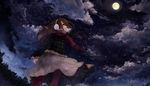  brown_eyes brown_hair cityscape cloud earmuffs full_moon highres long_hair moon night night_sky original pantyhose pisuke plaid scarf scenery sky snowing solo star_(sky) starry_sky 