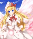  blonde_hair blouse blue_eyes blush bow capelet cloud day fairy hat hat_ribbon lily_white long_hair outstretched_arms ribbon sakura_yuuya skirt sky solo spread_arms touhou very_long_hair wings 