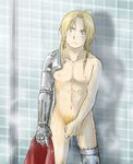  1boy asymmetrical_arms bathroom blonde_hair edward_elric fullmetal_alchemist male male_focus muscle nude shower solo 