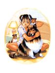  ;) animal_on_arm bed braided_bun brown_eyes brown_hair chun-li closed_mouth collared_shirt collie_(dog) dog double_bun hair_ribbon highres indian_style indoors lamp on_bed one_eye_closed petting puppy ribbon shirt short_sleeves sitting smile solo street_fighter white_ribbon 