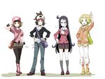  2girls alternate_costume bag baseball_cap bel_(pokemon) black_hair blonde_hair blue_eyes brown_eyes brown_hair cheren_(pokemon) denim genderswap genderswap_(ftm) genderswap_(mtf) glasses green_eyes hand_in_pocket hand_on_headwear hand_on_hip hands_on_hips hat headphones jeans legwear_under_shorts multiple_boys multiple_girls pants pantyhose pokemon pokemon_(game) pokemon_bw shorts shuri_(84k) skirt sleeves_pushed_up touko_(pokemon) touya_(pokemon) waving 