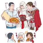  altair_ibn_la-ahad assassin's_creed assassin's_creed_(series) assassin's_creed_ii black_hair brown_hair cape desmond_miles ezio_auditore_da_firenze food holding_pizza hood kia_(ruruten) male_focus multiple_boys pizza pizza_box time_paradox translated vambraces 