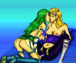  2girls ass belt blonde_hair boots breasts cleavage dildo eyes_closed fire_emblem fire_emblem:_akatsuki_no_megami fire_emblem_radiant_dawn forehead_protector green_hair heather_(fire_emblem) kiss lips long_hair multiple_girls navel nephenee nipples strapless topless undressing yuri 