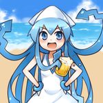  alcohol beach beer blue_eyes blue_hair cup day dress hands_on_hips hat ikamusume long_hair lowres mug prehensile_hair rani shinryaku!_ikamusume solo tentacle_hair 