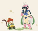  age_difference bikini blue_hair cape chi-chi_(dragon_ball) chichi chinese_clothes dragon_ball hat hime_cut mother_and_son son_gohan swimsuit tail time_paradox young younger 