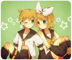  1girl :t aqua_eyes bad_id bad_pixiv_id blonde_hair brother_and_sister chizu_(fiute) hair_ornament hair_ribbon hairclip headphones headset highres kagamine_len kagamine_rin ribbon short_hair siblings sitting twins vocaloid 