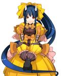  blue_hair bow breasts cleavage demon_girl dress gloves horns large_breasts long_hair looking_at_viewer oni_horns orange_bow original ponytail pupps red_eyes solo v_arms very_long_hair yellow_dress 