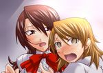  blush bow brown_hair grabbing kirijou_mitsuru long_hair multiple_girls open_mouth persona persona_3 red_eyes red_hair ribbon segami_daisuke short_hair takeba_yukari tears 