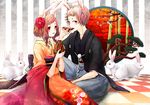  1girl alcohol animal animal_ears bamboo brown_hair bunny bunny_ears checkered checkered_floor cherry_blossoms drinking egasumi flower grey_hair hair_flower hair_ornament hakama japanese_clothes kama_(satoyan) kimono kneeling obi original peony_(flower) perspective red_eyes sake sash short_hair sitting smile tree 