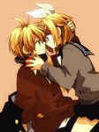  1girl anzu_(o6v6o) apple bad_id bad_pixiv_id blonde_hair blue_eyes brother_and_sister food fruit genderswap genderswap_(ftm) hair_ornament hair_ribbon hairclip incest kagamine_rin kagamine_rinto ribbon school_uniform selfcest serafuku short_hair siblings smile twincest twins vocaloid 