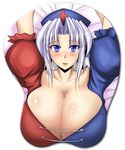  arms_up blush breast_mousepad breasts cleavage collarbone hat huge_breasts looking_at_viewer mousepad nurse_cap puffy_short_sleeves puffy_sleeves purple_eyes red_cross short_sleeves simple_background solo stiel touhou upper_body white_background yagokoro_eirin 