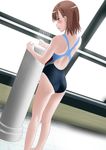  ass blush brown_eyes brown_hair competition_swimsuit highres indoors kneepits looking_back misaka_mikoto one-piece_swimsuit poolside rei_no_pool showering solo sooma_(t000) swimsuit to_aru_kagaku_no_railgun to_aru_majutsu_no_index window 