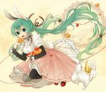  animal_ears bad_id bad_pixiv_id bunny bunny_ears bunny_tail dress green_eyes green_hair hatsune_miku heart highres long_hair nemutagari open_mouth pantyhose petticoat red_string solo squatting string tail twintails very_long_hair vocaloid 
