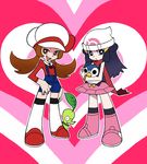  :&lt; beanie blue_hair boots brown_hair cabbie_hat chikorita gen_2_pokemon gen_4_pokemon hat heart hikari_(pokemon) kotone_(pokemon) multiple_girls overalls panty_&amp;_stocking_with_garterbelt parody pink_footwear piplup pokemon pokemon_(creature) pokemon_(game) pokemon_dppt pokemon_hgss red_scarf scarf shouni_(sato3) skirt smile style_parody thighhighs twintails 