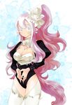 bad_id bad_pixiv_id breasts colored_eyelashes flower hair_flower hair_ornament hands_together large_breasts long_hair nod original own_hands_together pink_hair pointy_ears solo thighhighs white_eyes 