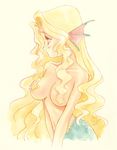  aulbath blonde_hair breasts cowboy_shot genderswap genderswap_(mtf) hair_over_breasts head_fins long_hair looking_to_the_side medium_breasts mermaid midnight_bliss monster_girl nanase_aoi nipples nude profile scales simple_background solo v_arms vampire_(game) wavy_hair yellow_background 