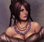  bare_shoulders black_hair braid breasts cleavage dress eyeshadow final_fantasy final_fantasy_x hair_over_one_eye jewelry large_breasts lips lipstick lithriel long_hair lulu_(ff10) makeup mole mole_under_mouth necklace realistic red_eyes solo strapless strapless_dress upper_body 