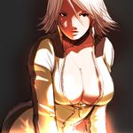  bodysuit breasts center_opening christie_(doa) cleavage dead_or_alive earrings falcoon jewelry large_breasts lips open_clothes open_shirt shirt short_hair solo unzipped white_bodysuit white_hair 
