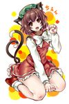  animal_ears brown_hair cat_ears cat_tail chen earrings full_body hat jewelry multiple_tails red_eyes short_hair solo spanking_momoko tail touhou 