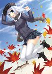  autumn_leaves blue_eyes blue_hair flying_squirrel hat highres leaf legs miyai_sen original plaid plaid_scarf scarf skirt solo squirrel thighhighs white_legwear wind zettai_ryouiki 