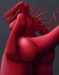  2019 absurd_res anthro anus breasts butt claws digital_media_(artwork) female grey_background hi_res holding_butt keadonger low-angle_view monster nude presenting pussy red_skin scp-939 scp_foundation sharp_teeth side_boob signature simple_background solo sweat teeth text 