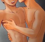  2boys abs brown_hair club_z hug kiss lowres male male_focus multiple_boys muscle nipples nude open_mouth sex simple_background standing yaoi 