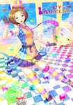  belt blue_eyes brown_hair checkered garters gloves hat highres kazeno multicolored multicolored_clothes multicolored_legwear necktie pink_legwear short_hair sleeveless solo striped striped_legwear thighhighs vocaloid vy1 yellow_legwear 