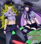  2girls alternate_costume blonde_hair blue_eyes bracelet dildo english fishnets green_eyes hat jewelry long_hair multicolored_hair multiple_girls navel open_clothes open_shirt panty_&amp;_stocking_with_garterbelt panty_(character) panty_(psg) pantyhose pink_hair police police_uniform purple_hair shirt siblings sisters skirt smile stocking_(character) stocking_(psg) thighhighs twintails uniform very_long_hair wink 