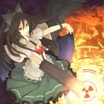  bow brown_hair cape green_bow hair_bow kishibe long_hair red_eyes reiuji_utsuho solo third_eye touhou wings 