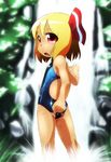  adjusting_clothes adjusting_swimsuit ass backless_outfit blonde_hair child competition_swimsuit kusaba_(kusabashiki) looking_at_viewer looking_back one-piece_swimsuit open_mouth red_eyes ribbon rumia short_hair solo swimsuit tan touhou water waterfall 
