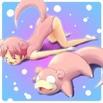  animal_ears blush_stickers fangs gen_1_pokemon gloves leotard moemon personification pink_hair pink_leotard pokemon pokemon_(creature) slowpoke smile socks tail tenjou_ryuka top-down_bottom-up 