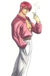  belt cigarette crescent dan_(kumadan) dress_shirt earrings hand_in_pocket jewelry male_focus necklace open_clothes open_shirt pink_hair red_hair ring shirt smoking solo the_king_of_fighters traditional_media yagami_iori 