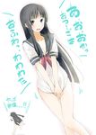  akiyama_mio bad_id bad_pixiv_id black_hair blue_eyes blush bottomless breasts cleavage highres hime_cut k-on! long_hair nishiuri_warito school_uniform serafuku shinkon_santaku shirt_tug small_breasts solo translated wavy_mouth 