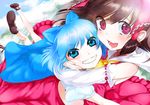  bad_id bad_pixiv_id bare_shoulders blue_eyes blue_hair bow brown_hair cheek_squash cirno cloud detached_sleeves flying foreshortening friends grin hair_bow hakurei_reimu hand_on_another's_cheek hand_on_another's_face hug long_hair multiple_girls open_mouth puffy_cheeks red_eyes short_hair smile touhou yamada_ranga 