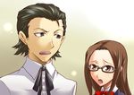  1girl bow brown_eyes brown_hair fushimi_chihiro glasses hair_slicked_back long_hair odagiri_hidetoshi open_mouth persona persona_3 ribbon school_uniform segami_daisuke sweatdrop 