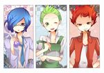  3boys apron blue_eyes blue_hair corn_(pokemon) dent_(pokemon) glasses green_eyes green_hair grin gym_leader hair_over_one_eye male male_focus multiple_boys necktie open_mouth pod_(pokemon) pokemon pokemon_(game) pokemon_black_and_white pokemon_bw ponytail red_eyes red_hair short_hair smile track_suit whistle wink 