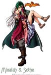  bird blonde_hair boots carrying couple dress eye_contact fingerless_gloves fire_emblem fire_emblem:_akatsuki_no_megami fire_emblem_radiant_dawn gloves green_hair hand_on_head highres incipient_kiss jacket long_hair looking_at_another lowres micaiah princess_carry sandals shoes short_hair silver_hair skirt smile sothe yune 