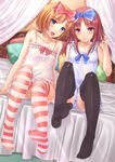  bare_shoulders bed black_legwear blue_eyes blush bow chemise chobipero collarbone feet foreshortening hair_bow highres long_hair multiple_girls orange_hair original purple_eyes red_hair short_hair sitting smile soles striped striped_legwear thighhighs toe_scrunch 