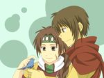  1boy 1girl ayda bird braid brown_eyes brown_hair cape cardamine female gensou_suikoden gensou_suikoden_ii headband kinnison long_hair male scar short_hair single_braid suikoden suikoden_ii 