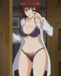  blush bra breasts cleavage door green_eyes labcoat large_breasts lingerie mikado_ryouko panties screencap see-through solo stitched third-party_edit to_love-ru underwear 