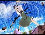  arms_behind_head black_hairband blue_eyes blurry depth_of_field hairband katana katanakko_daisuki konpaku_youmu konpaku_youmu_(ghost) letterboxed open_mouth short_hair silver_hair solo sword teeth touhou transparent weapon 