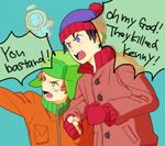  angry blue_background catchphrase english fingerless_gloves gloves hat kenny_mccormick kimidori_(mb4) kyle_broflovski male_focus meme multiple_boys profanity south_park stan_marsh 