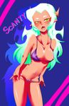  blush bra cleavage demon_girl english fangs green_hair horns lingerie long_hair navel nipples open_mouth panties panty_&amp;_stocking_with_garterbelt scanty solo underwear undressing yellow_eyes 