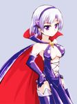  arsene big_breasts breasts cape cleavage female gloves grey_hair hair_ribbon hand_on_hip hips large_breasts latex latex_dress latex_gloves midriff navel purple_eyes ribbon short_hair simple_background solo tantei_opera_milky_holmes thighhighs 