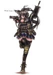  animal_ears assault_rifle bad_id bad_pixiv_id battle_rifle black_hair boots camouflage elbow_pads fingerless_gloves german gloves gun h&amp;k_g3 h&amp;k_usp handgun headset heckler_&amp;_koch highres knee_pads load_bearing_vest military_operator original panzer pistol red_eyes rifle skirt solo thighhighs translated weapon 