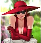  anna_williams breasts cleavage dress elbow_gloves gloves hat lowres namco official_art sunglasses tekken wine_glass wineglass 