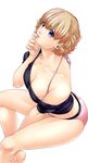  bikini blonde_hair breasts butt_crack cleavage downblouse finger_to_mouth large_breasts morisato_yuuji off_shoulder original purple_eyes short_hair solo swimsuit wavy_hair 