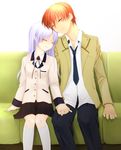  1girl angel_beats! bad_id bad_pixiv_id banana_imo blazer blue_hair closed_eyes couch couple hetero highres jacket long_hair orange_hair otonashi_(angel_beats!) school_uniform short_hair sleeping tenshi_(angel_beats!) 