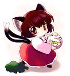  :&lt; animal_ears ball brown_hair cat_ears cat_tail chen chibi hat hat_removed headwear_removed highres multiple_tails red_eyes short_hair solo tail touhou yakumo_ran yume_shokunin 