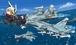  afterburner aircraft airplane animal_ears bad_id bad_pixiv_id black_legwear blonde_hair commentary dakku_(ogitsune) eyepatch gun head_wings jet liliya_alexeyevna_starikova lyudmila_vasilievna_varnavskaya mecha_musume missile multiple_girls ocean panties panties_under_pantyhose pantyhose purple_eyes ship strike_witches_1991 striker_unit su-33 tail underwear uniform watercraft weapon world_witches_series 